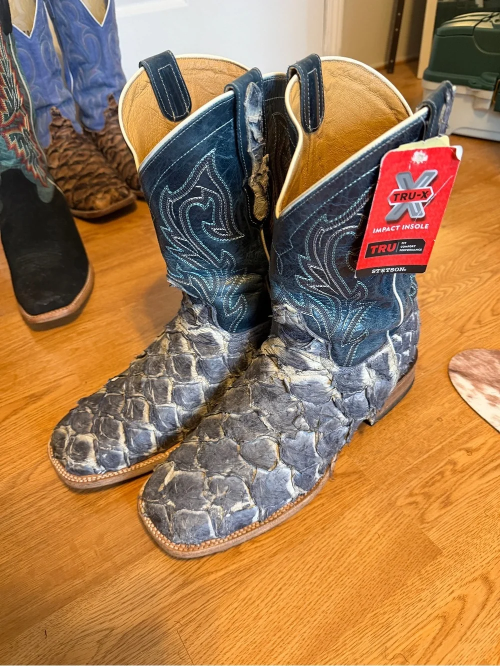 Stetson Blue Exotic Fish Scale Pirarucu Cowboy Boots